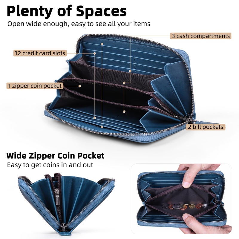 VISOUL Leather Long Zipper Pouch Wallet for Men and Women with RFID Blocking, Large Clutch Cash Long Wallet with Zipper (Navy Blue) - Image 2
